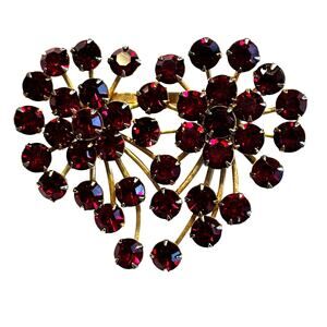 Red rhinestones brooch gold metal setting double starburst vintage mid century
